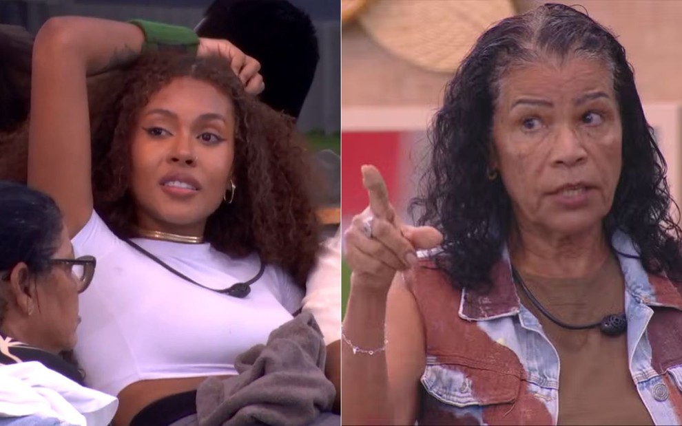 Montagem com Giovanna e Vilma no BBB 25; à esquerda, Giovanna olha com cara de deboche e, à direita, Vilma aponta o dedo para a irmã de Gracyanne