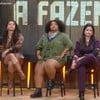 Gizelly Bicalho, Flora Cruz, Vanessa Carvalho e Luana Targino estão sentadas em banquinhos; atrás aparece o logo de A Fazenda no telão