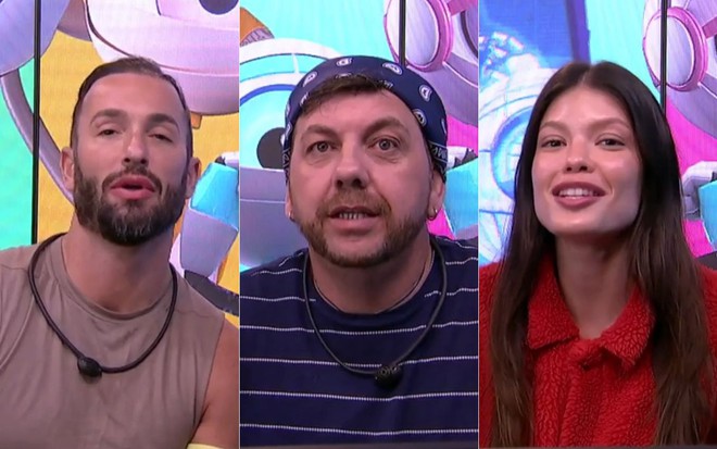 Montagem com fotos de Diego Hypolito, Edilberto Simões e Vitória Strada no confessionário do BBB 25