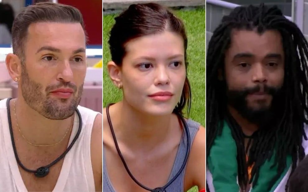 Montagem com Diego Hypolito à esquerda, Vitória Strada no centro e Diogo Almeida à direita no BBB 25