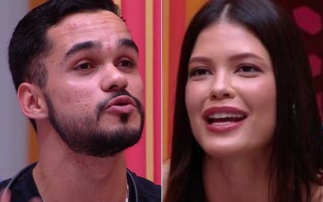 Montagem com João Pedro à esquerda e Vitória Strada à direita no BBB 25