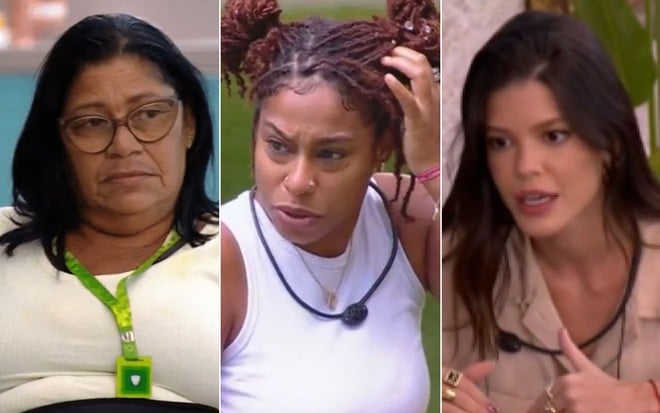 Montagem com Joselma Silva à esquerda, Thamiris Maia no centro e Vitória Strada à direita no BBB 25