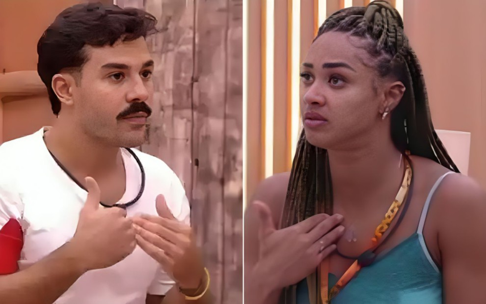 Montagem com Mateus Pires à esquerda e Aline Patriarca à direita no BBB 25