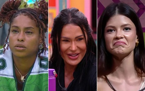 Montagem com Thamiris Maia à esquerda, Gracyanne Barbosa no centro e Vitória Strada à direita no BBB 25