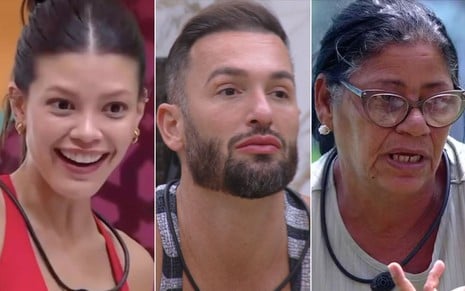 Montagem com Vitória Strada à esquerda, Diego Hypolito no centro e Joselma Silva à direita em BBB 25