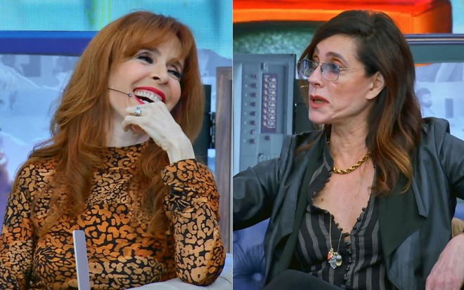 Montagem com Deborah Evelyn rindo e Christiane Torloni embasbacada no palco do Caldeirão com Mion