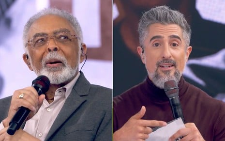 Montagem com Gilberto Gil à esquerda e Marcos Mion à direita no Caldeirão