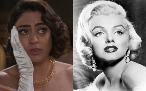 Montagem de duas fotos. Em uma, Carol Castro caracterizada como Clarice; ela está com as mãos na cabeça em cena de Garota do Momento. Na outra, Marilyn Monroe posa para câmera