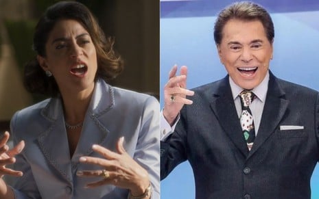 Montagem com fotos de Carol Castro em Garota do Momento e Silvio Santos em seu programa no SBT