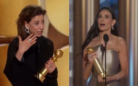 Montagem com fotos de Fernanda Torres e Demi Moore recebendo seus respectivos Globos de Ouro