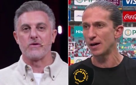 Luciano Huck e Filipe Luís aparecem lado a lado em montagem: à esquerda, o apresentador fala no palco do Domingão; à direita, o técnico do Flamengo dá entrevista após jogo