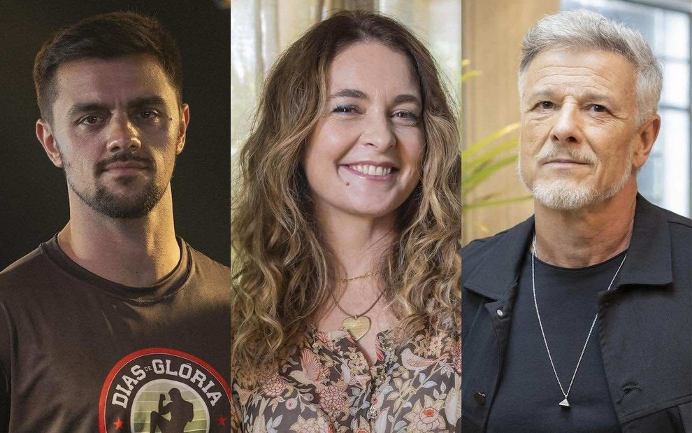Montagem de fotos com Felipe Simas, Cláudia Abreu e Marcello Novaes caracterizados como seus personagens de Dona de Mim