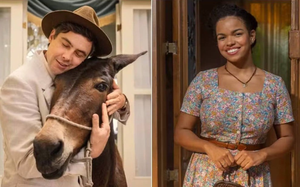 Montagem de imagens de Sergio Guizé com a jumenta Juliana e Jeniffer Nascimento, caracterizados como seus personagens
