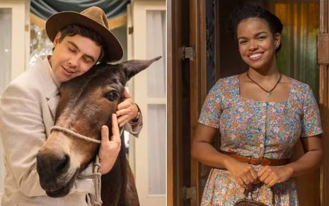 Montagem de imagens de Sergio Guizé com a jumenta Juliana e Jeniffer Nascimento, caracterizados como seus personagens