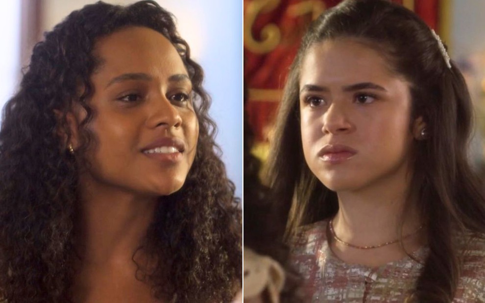 Montagem com Duda Santos como Beatriz à esquerda e Maisa como Bia à direita em Garota do Momento
