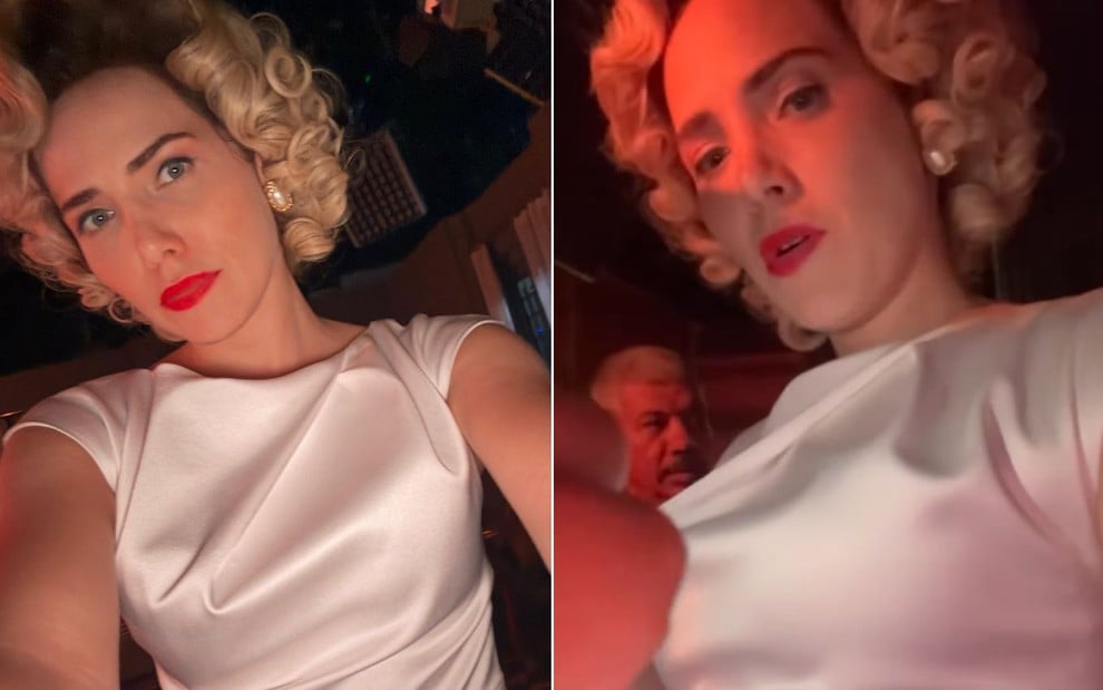 A atriz Leticia Colin com um vestido branco, sujo de sangue cenográfico, como a Zélia em Garota do Momento