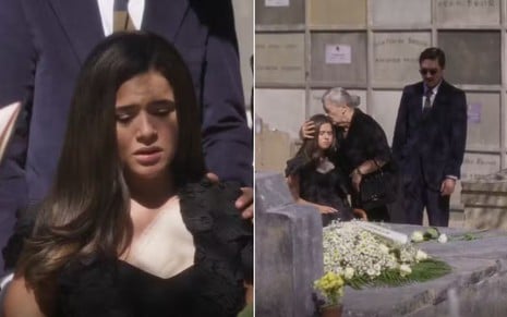 Maisa como Bia em uma cadeira de rodas no meio de um cemitério, muito triste, em cena de Garota do Momento