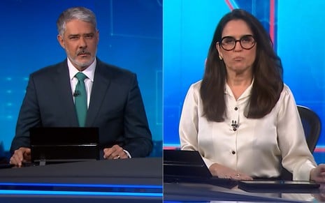 William Bonner e Ana Luiza Guimarães têm expressão séria na bancada do Jornal Nacional