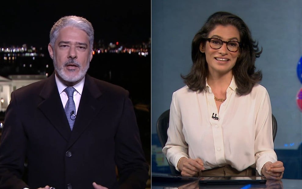 Montagem com fotos de William Bonner e Renata Vasconcellos no Jornal Nacional de 4 de novembro de 2024