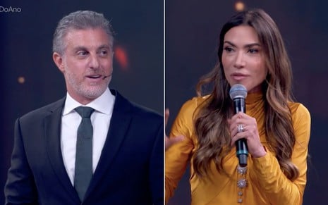 Montagem com Luciano Huck à esquerda e Patricia Abravanel à direita no palco do Domingão