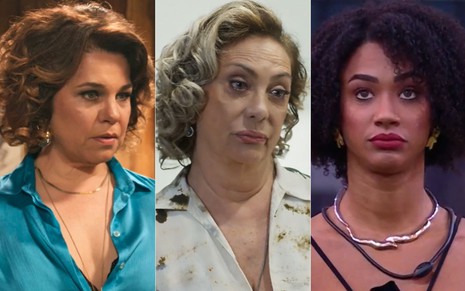 Montagem de fotos com Violeta (Isabel Teixeira) em Volta Por Cima, Berta (Eliane Giardini) em Mania de Você e Aline no BBB