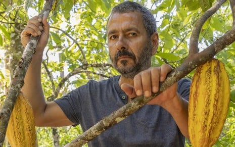 Marcos Palmeira posa entre galhos de árvore de cacau nos bastidores de Renascer