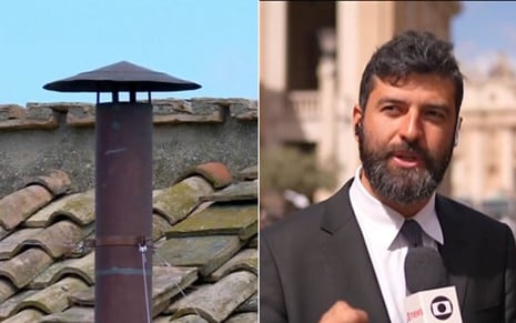 Montagem com a chaminé no Vaticano à direita e o correspondente Rodrigo Carvalho à esquerda