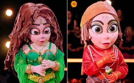 Montagem com Jade de O Clone à direita e Catarina e Petruchio de O Cravo e a Rosa à esquerda no The Masked Singer