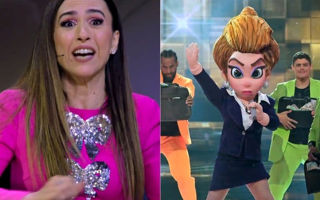 Montagem com foto de Tatá Werneck com expressão surpresa e a versão Masked Singer de Odete Roitman