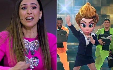 Montagem com foto de Tatá Werneck com expressão surpresa e a versão Masked Singer de Odete Roitman