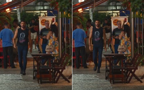 Montagem mostrando mulher filmando Cauã Reymond com celular em Vale Tudo