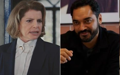 Montagem com Debora Bloch como Odete Roitman à esquerda e Thomás de Aquino como Mário Sérgio à direita no remake de Vale Tudo