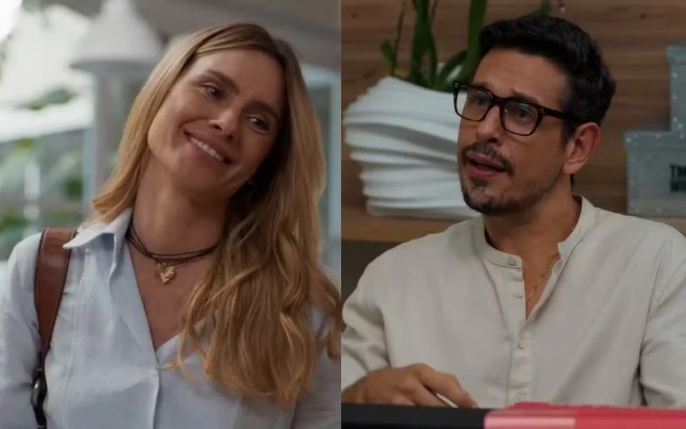Montagem de imagens de Carolina Dieckmann, como Leila, e João Vicente de Castro, como Renato