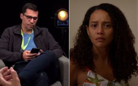 Homem olha o celular sentado em estúdio escuro; mulher de expressão triste encara a câmera, em ambiente claro.        4o