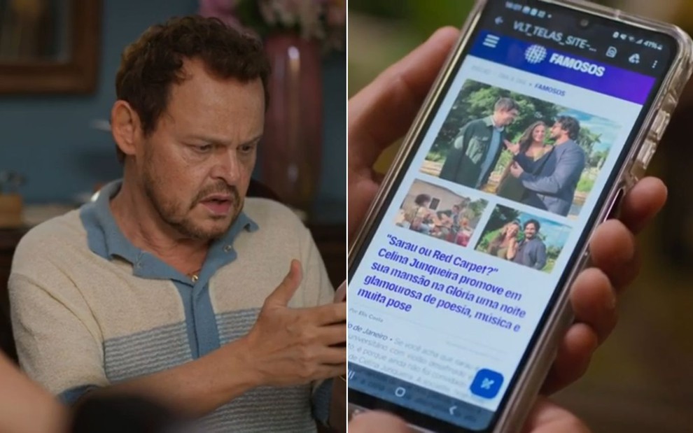 Homem observa com expressão preocupada uma notícia no celular sobre evento glamouroso promovido por Celina Junqueira