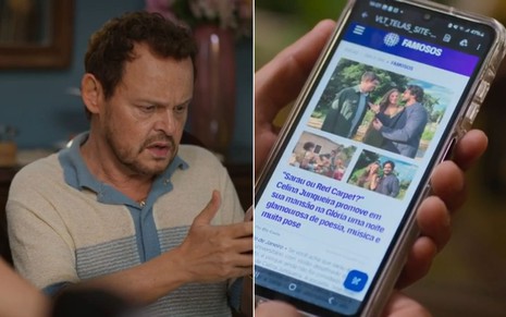 Homem observa com expressão preocupada uma notícia no celular sobre evento glamouroso promovido por Celina Junqueira