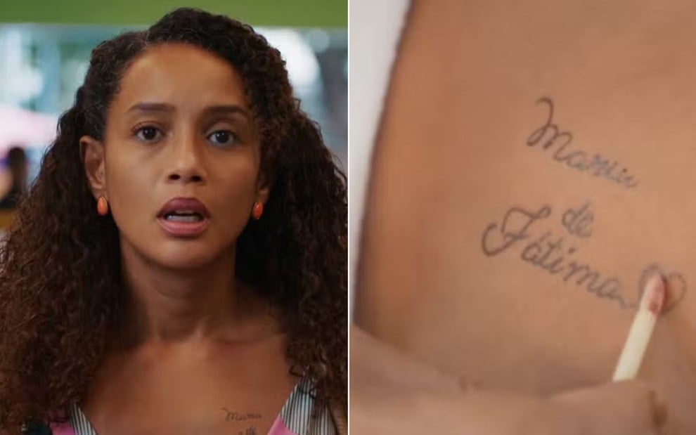 Mulher assustada olha para alguém; no detalhe, tatuagem no peito com o nome “Maria de Fátima” sendo contornada com batom.