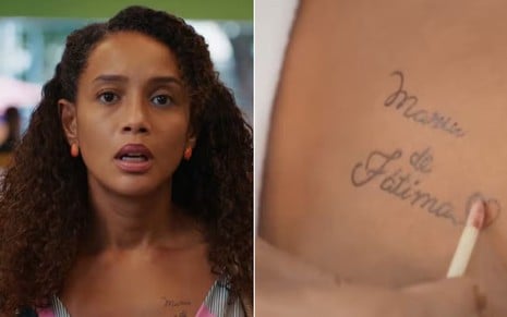 Mulher assustada olha para alguém; no detalhe, tatuagem no peito com o nome “Maria de Fátima” sendo contornada com batom.