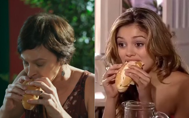 Montagem com Claudia Missura e Sophie Charlotte comendo pão e falando de boca cheia