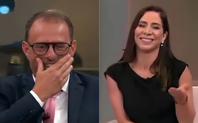 Montagem com fotos de Octavio Guedes e Julia Duailibi gargalhando na Redação da GloboNews