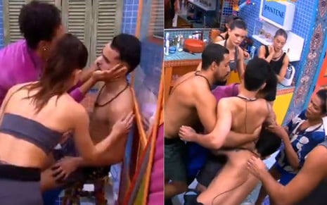 Montagem de dois momentos de João Pedro sendo socorrido pelos brothers no banheiro do BBB