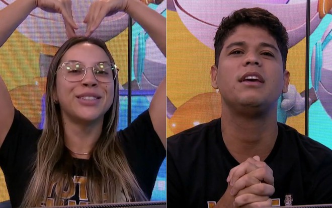 Montagem com Renata à esquerda e Guilherme à direita no Raio-X desta segunda-feira do BBB 25