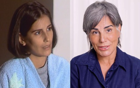 Montagem de Gloria Pires em cena como Maria de Fátima em Vale Tudo (1988) e em vídeo atual
