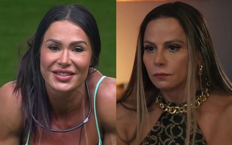 Na montagem: Gracyanne Barbosa no BBB 25 (à esquerda) e Viviane Araujo em Volta por Cima (à direita)