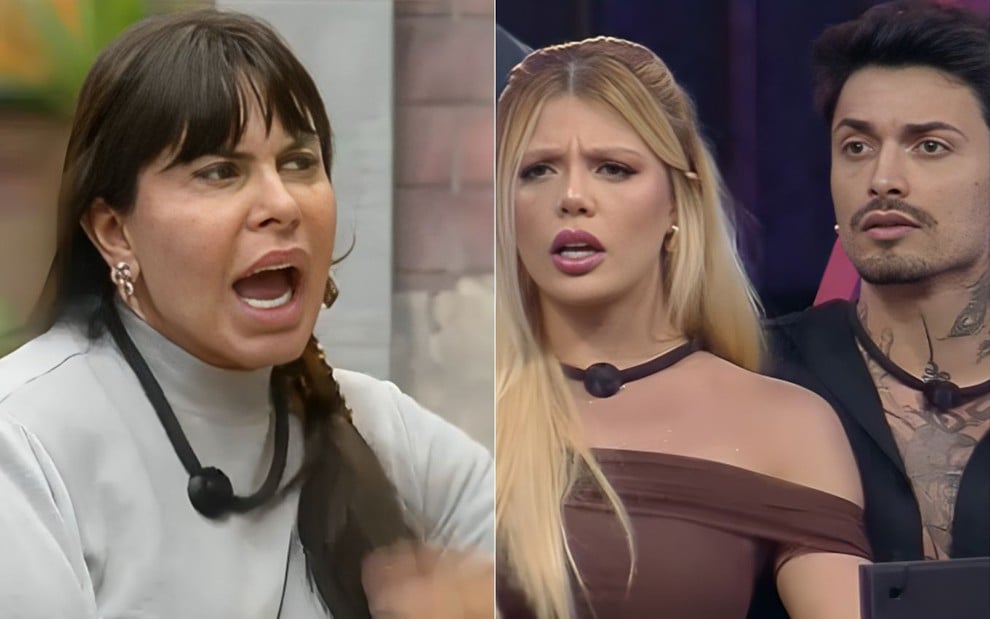 Montagem com Gretchen, Giovanna e Diego no Power Couple; os três estavam em meio a tretas e estão com feições indignadas
