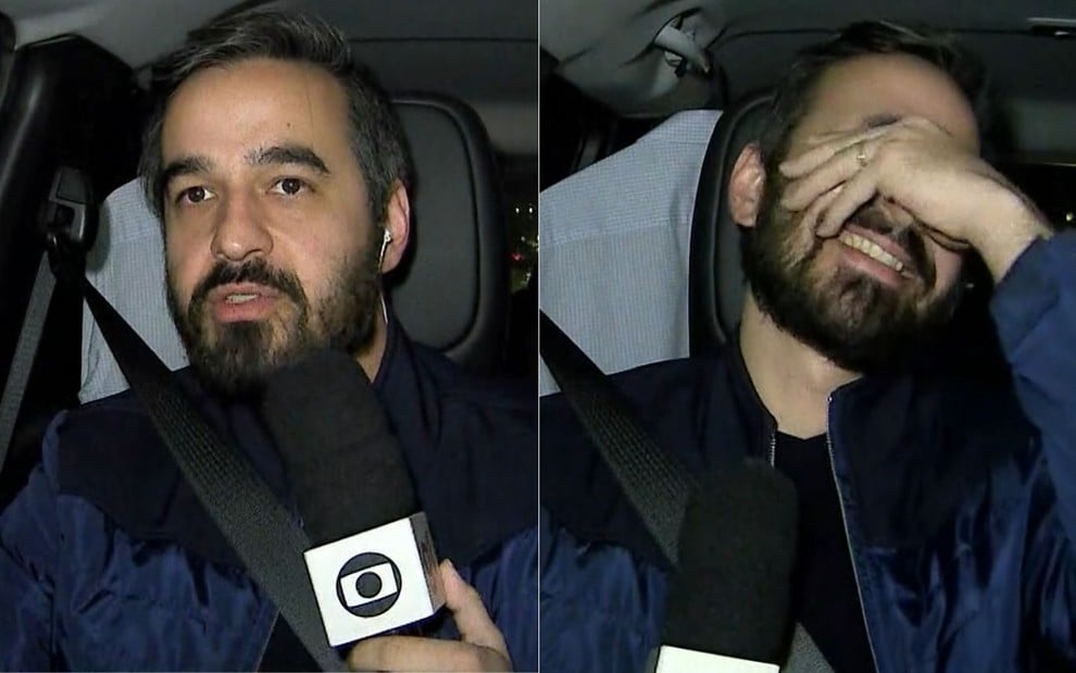 Montagem de Guilherme Pimentel no banco do passageiro do carro; ele segura o microfone da Globo na mão