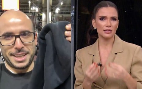 Montagem com Hermínio Bernardo e Sabina Simonato no BDSP; ele aparece segurando uma blusa preta, e ela fazendo cara de indignada