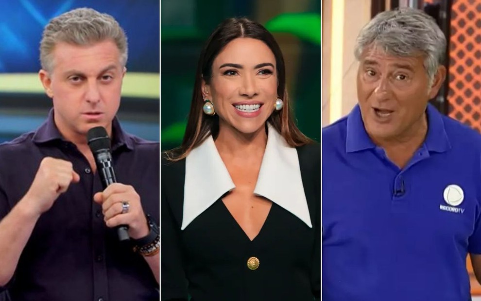 Montagem com Luciano Huck à esquerda, Patricia Abravanel no centro e Cleber Machado à direita