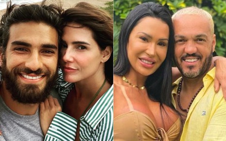 Montagem: Hugo Moura com rosto colado no de Deborah Secco, e Gracyanne Barbosa abraçada com Belo
