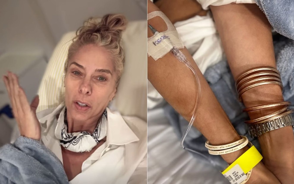 Adriane Galisteu está em cama de hospital, com expressão abatida